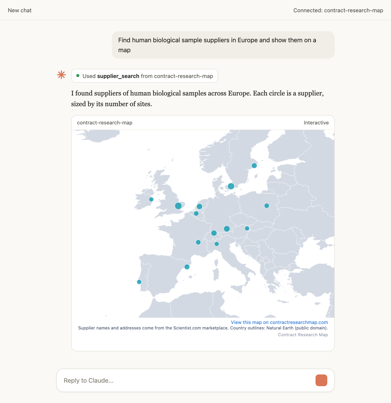 A Claude conversation. The user asks to find human biological sample suppliers in Europe and show them on a map. Claude answers with an interactive world map zoomed to Europe, with one circle per supplier sized by its number of sites.